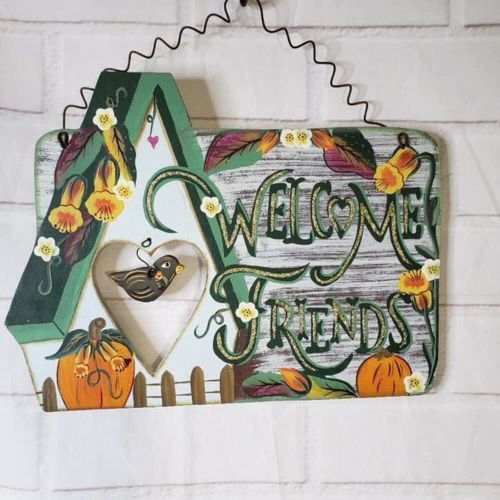 Whimsical Folk Art Green Pumpkin Porch Sign Welcome Friends Hanging Decoration